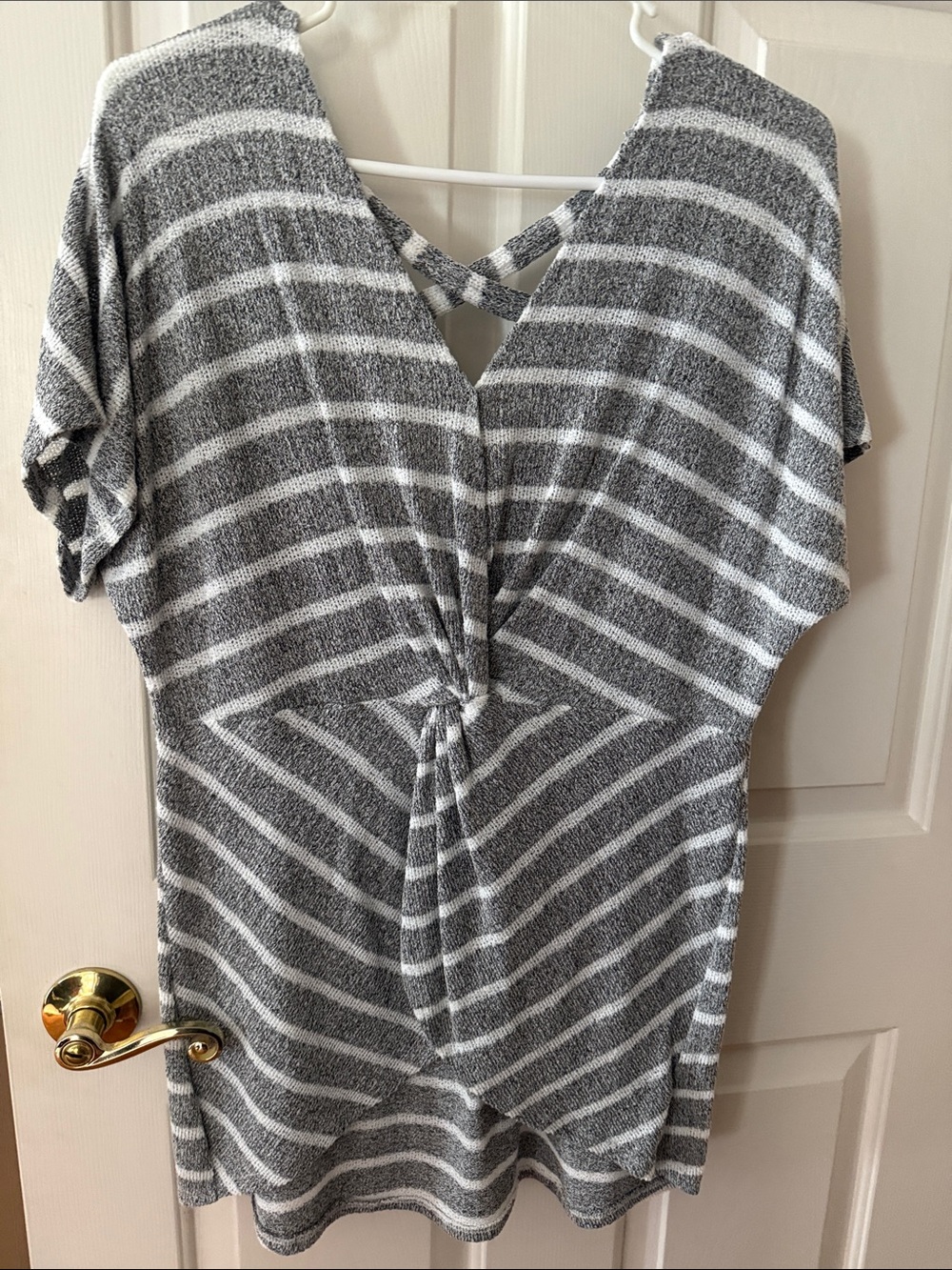 Andree Gray and White Striped Knit Tunic with Front Twist